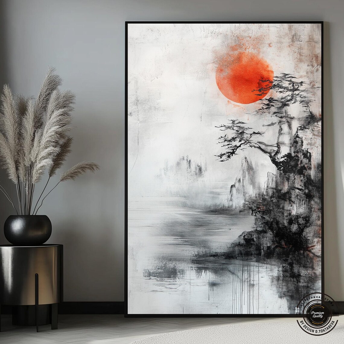 Japanese Red Sun over Misty Mountains with Pine Sumi Ink Painting Poster