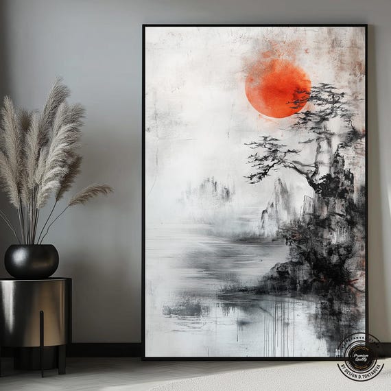 Japanese Mountain With Red Sun And Hazy Landscape Zen Style Canvas Print Minimalist Nature Wall Decor Traditional Asian