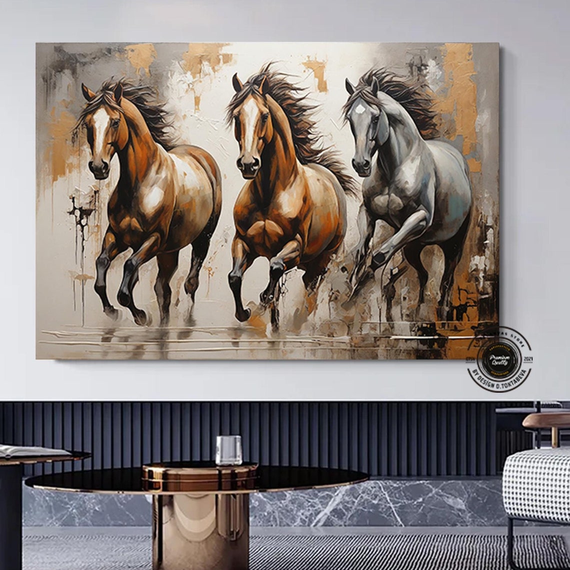 Three Running Horses Brown and Gray Dynamic Equine Painting Poster
