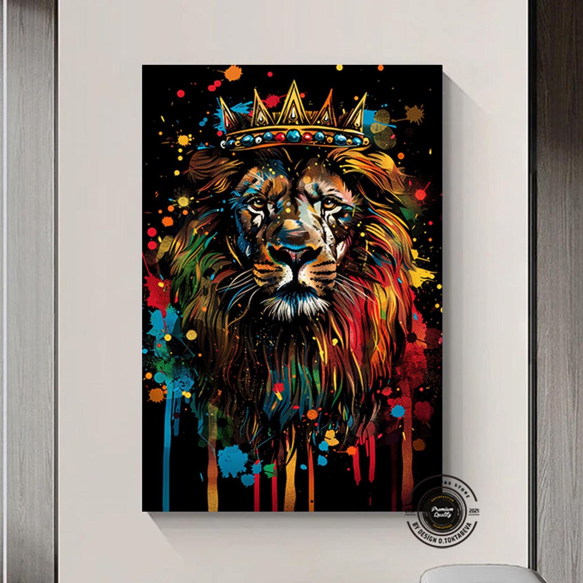 Lion Wearing Crown Colorful Paint Splatter Bold Animal Poster