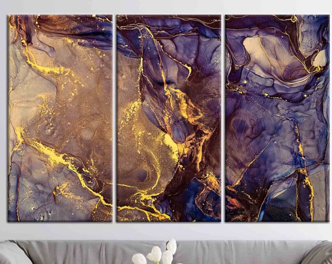 Purple Gold Marble Alcohol Ink Triptych Luxury Abstract Poster