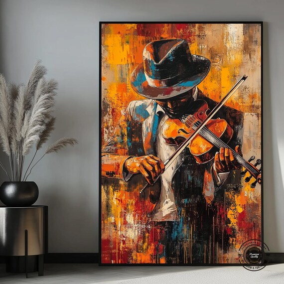 Vibrant Jazz Violinist in Hat Orange and Teal Abstract Poster