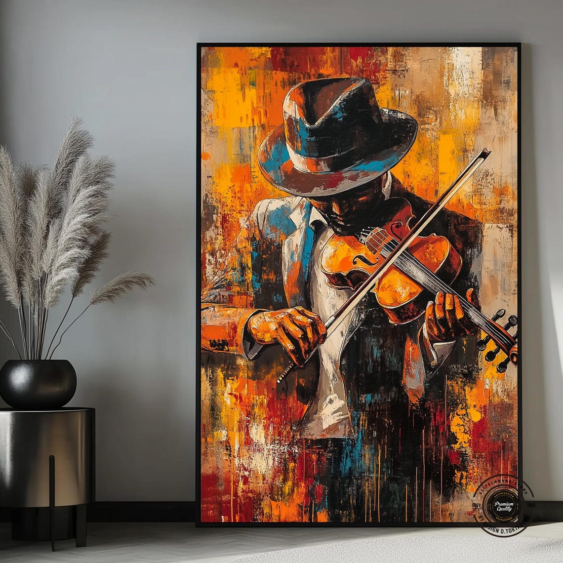 Vibrant Jazz Violinist in Hat Orange and Teal Abstract Poster