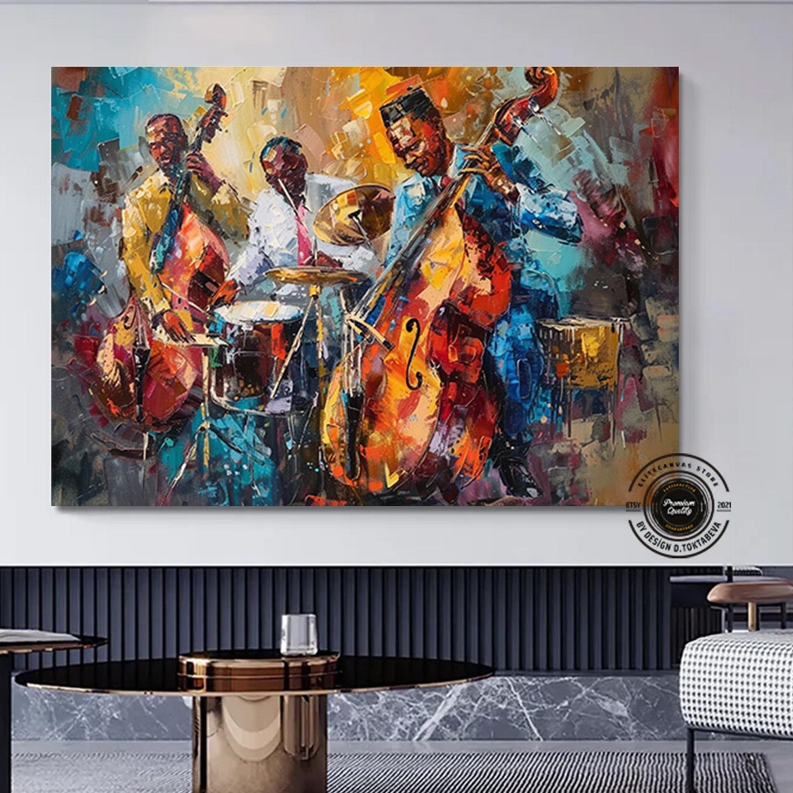 Jazz Trio Cello Bass Drums Colorful Impasto Music Art Poster