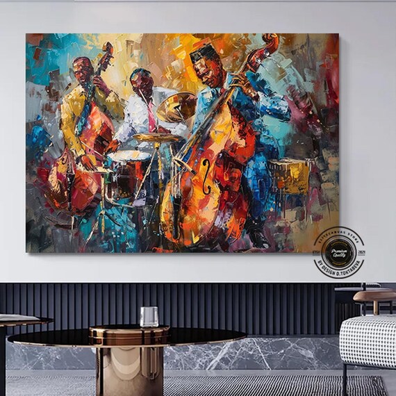 Jazz Trio Cello Bass Drums Colorful Impasto Music Art Poster
