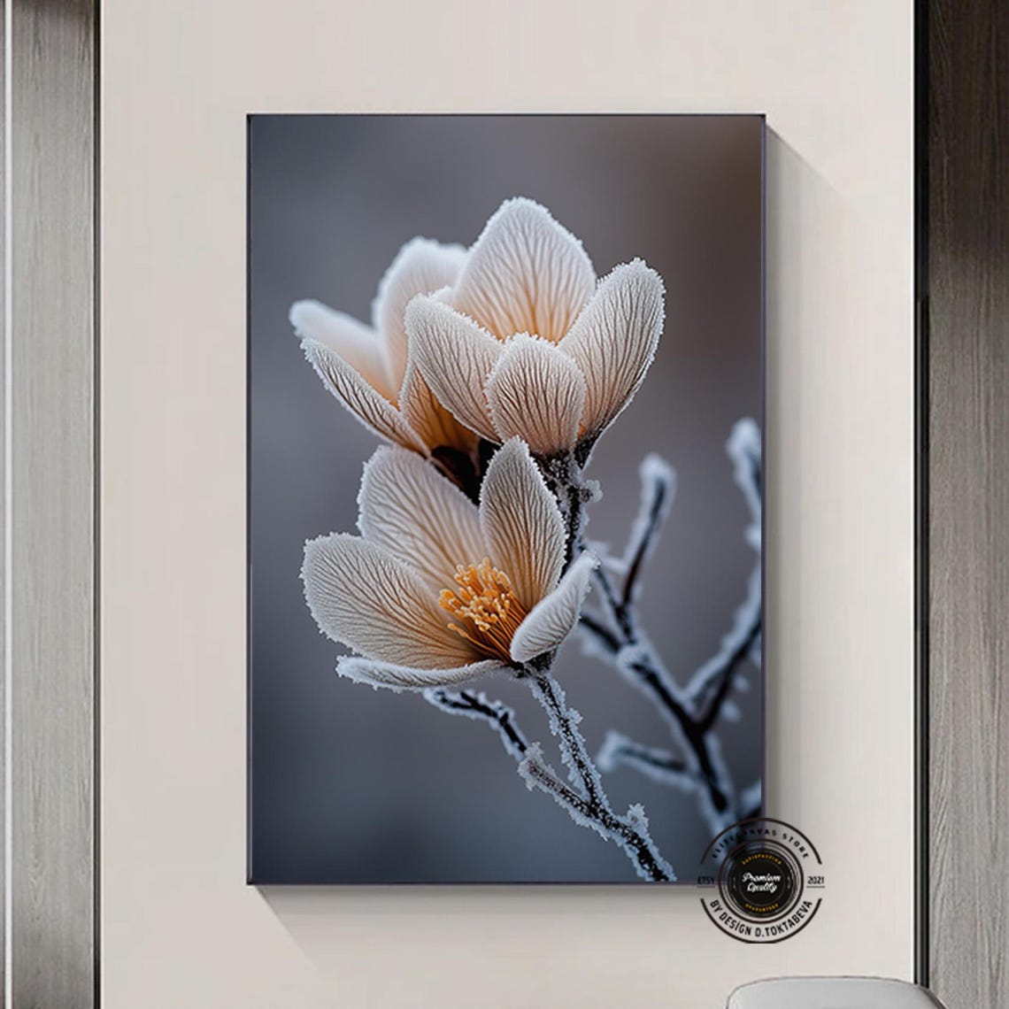 Frost Covered White Flowers Winter Macro Botanical Wall Poster