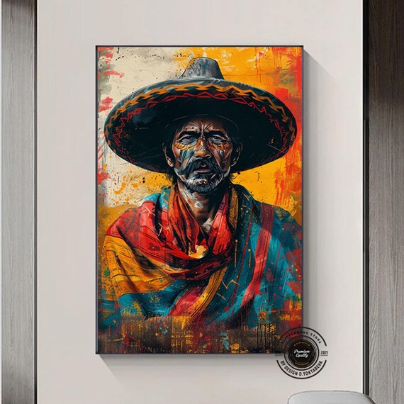 Mexican Wall Art Mariachis Print Decor Culture Man Wearing Sombrero Framed Artwork Great Home Decoration