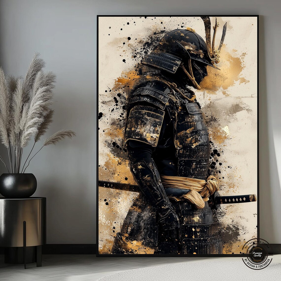 Black Samurai Warrior Armor Katana Japanese Art Painting Poster