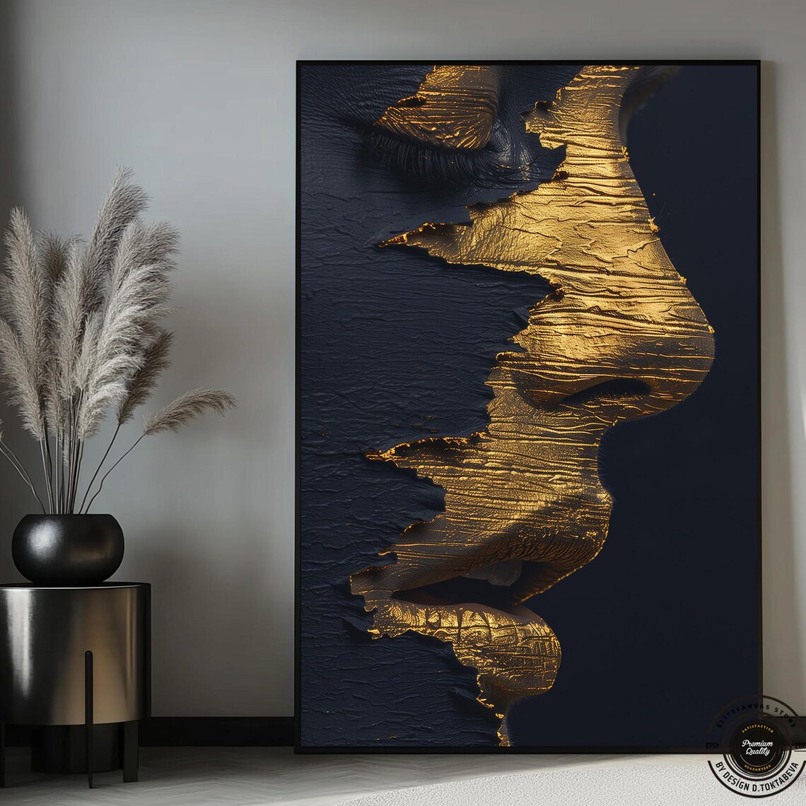 Gold Textured Woman Profile on Black Luxury Metallic Abstract Art Poster