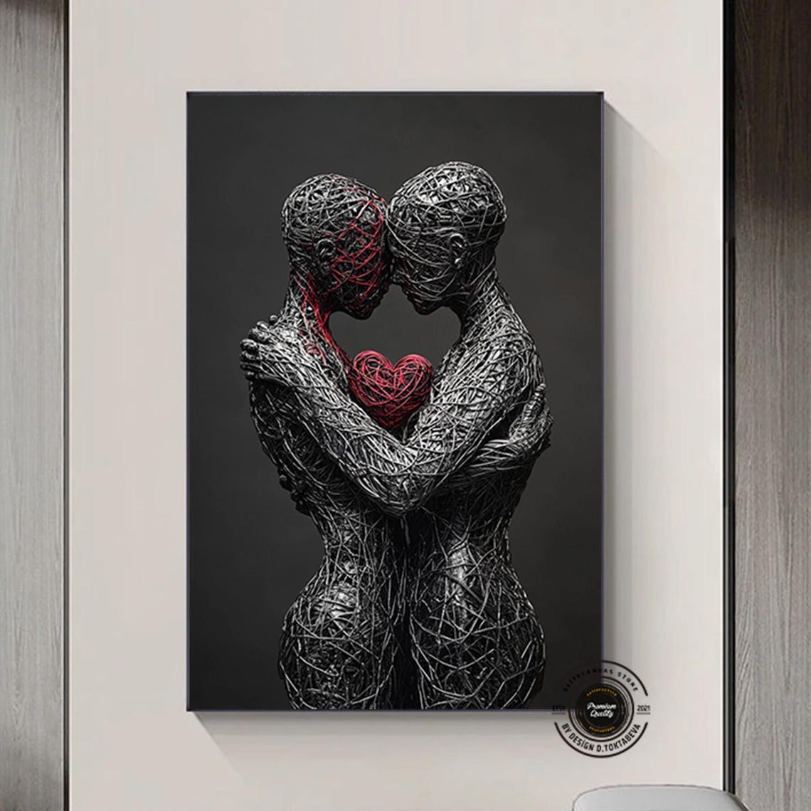 Wire Sculpture Embracing Couple Red Heart Love Romance Poster
