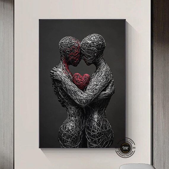 Wire Sculpture Embracing Couple Red Heart Love Romance Poster