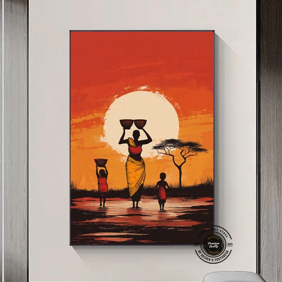 African Family Carrying Water At Sunset In A Vibrant Colorful Landscape Canvas Art Color Ethnic Wall Style