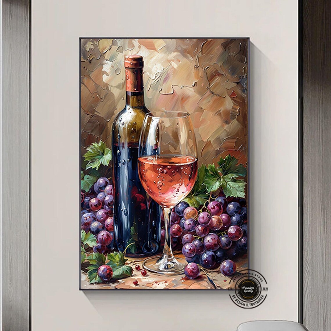 Red Wine Bottle and Glass with Grapes Still Life Oil Painting Poster