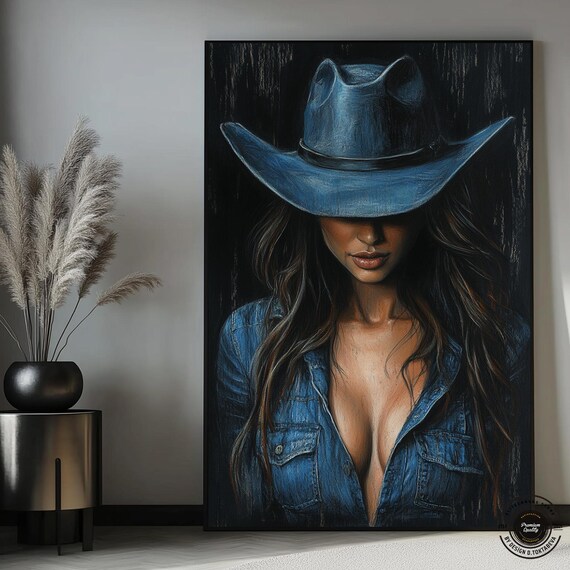 Abstract Cowgirl Wall Art Modern Western Canvas With Woman In Cowboy Hat Rustic Farmhouse Style For Unique Decor