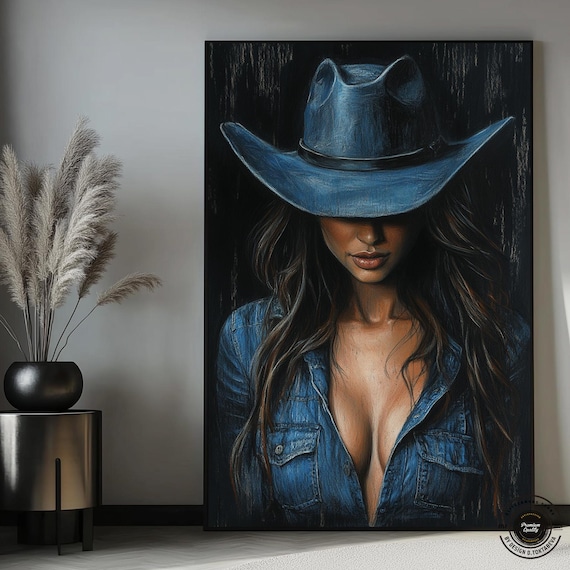 Moody Cowgirl Portrait with Denim Hat and Shirt Dark Western Painting Poster