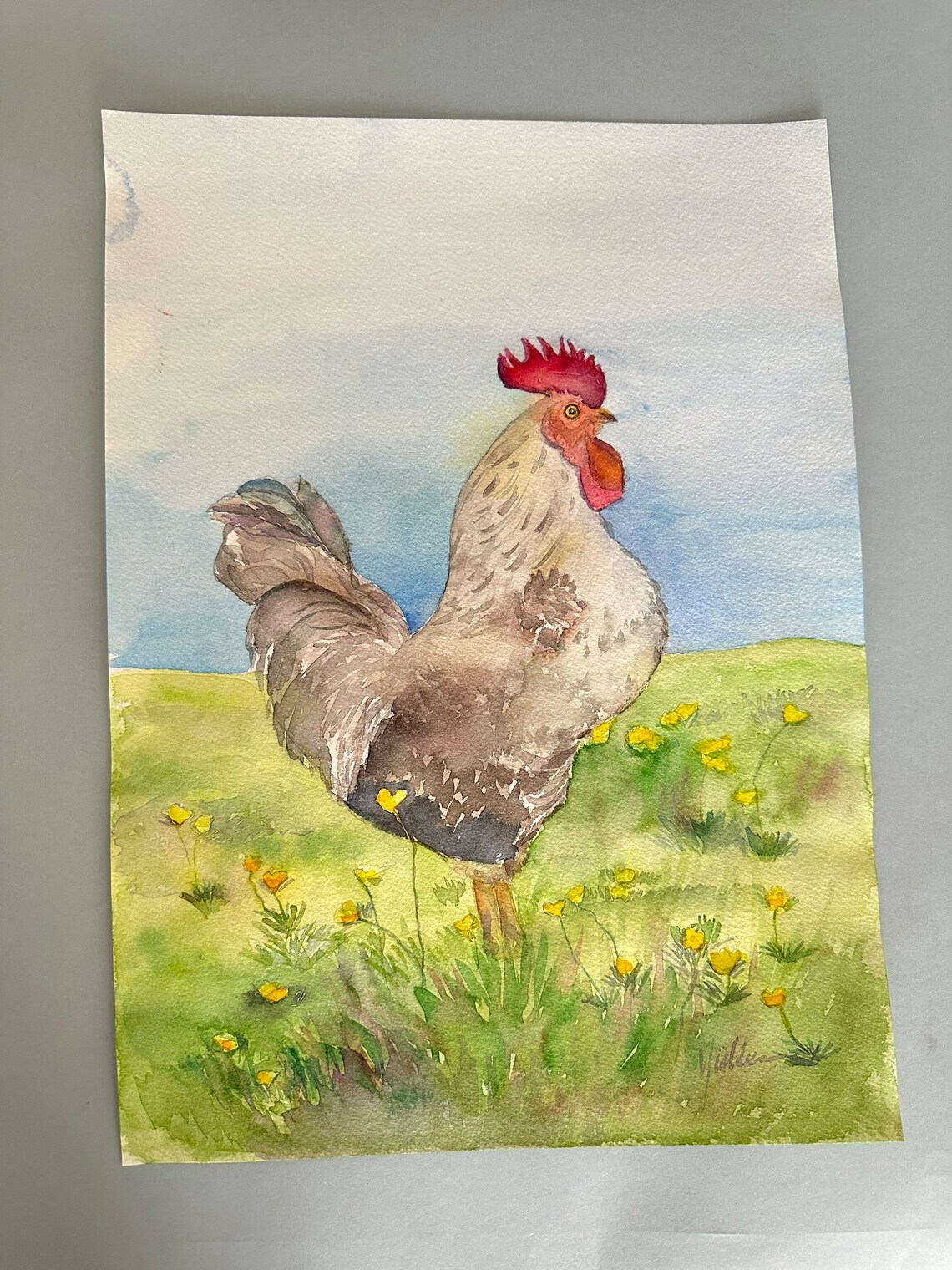 Proud Rooster in a Sunlit Wildflower Meadow Watercolor Poster - Image 6
