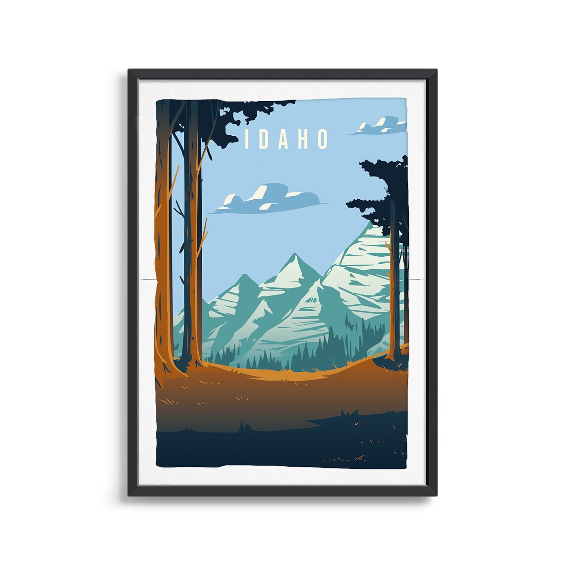 Idaho Mountain Peaks Travel Poster Pine Forest Snow Range Art Scene