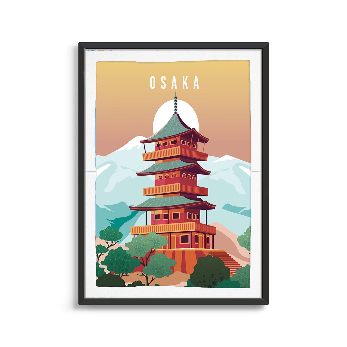 Osaka Japan Travel Poster With Red Pagoda And Mountain View Art - Image 2