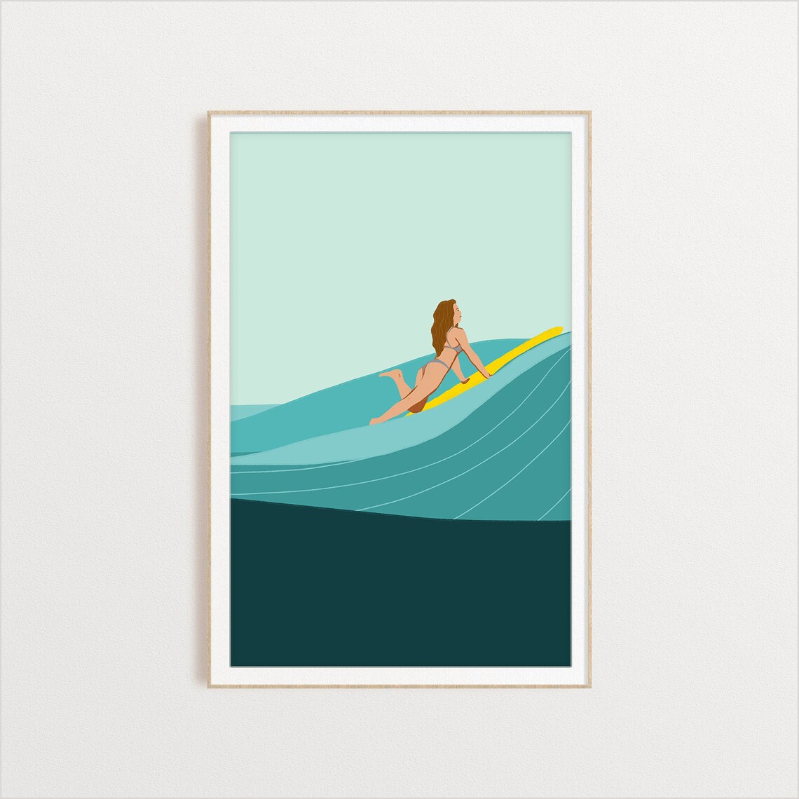 Surfer Girl Wave Ocean Art Print, Beach Illustration