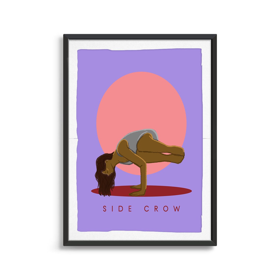 Side Crow Yoga Pose Illustration With Pink Sun Purple Poster