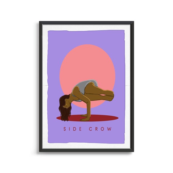Side Crow Yoga Pose Illustration With Pink Sun Purple Poster