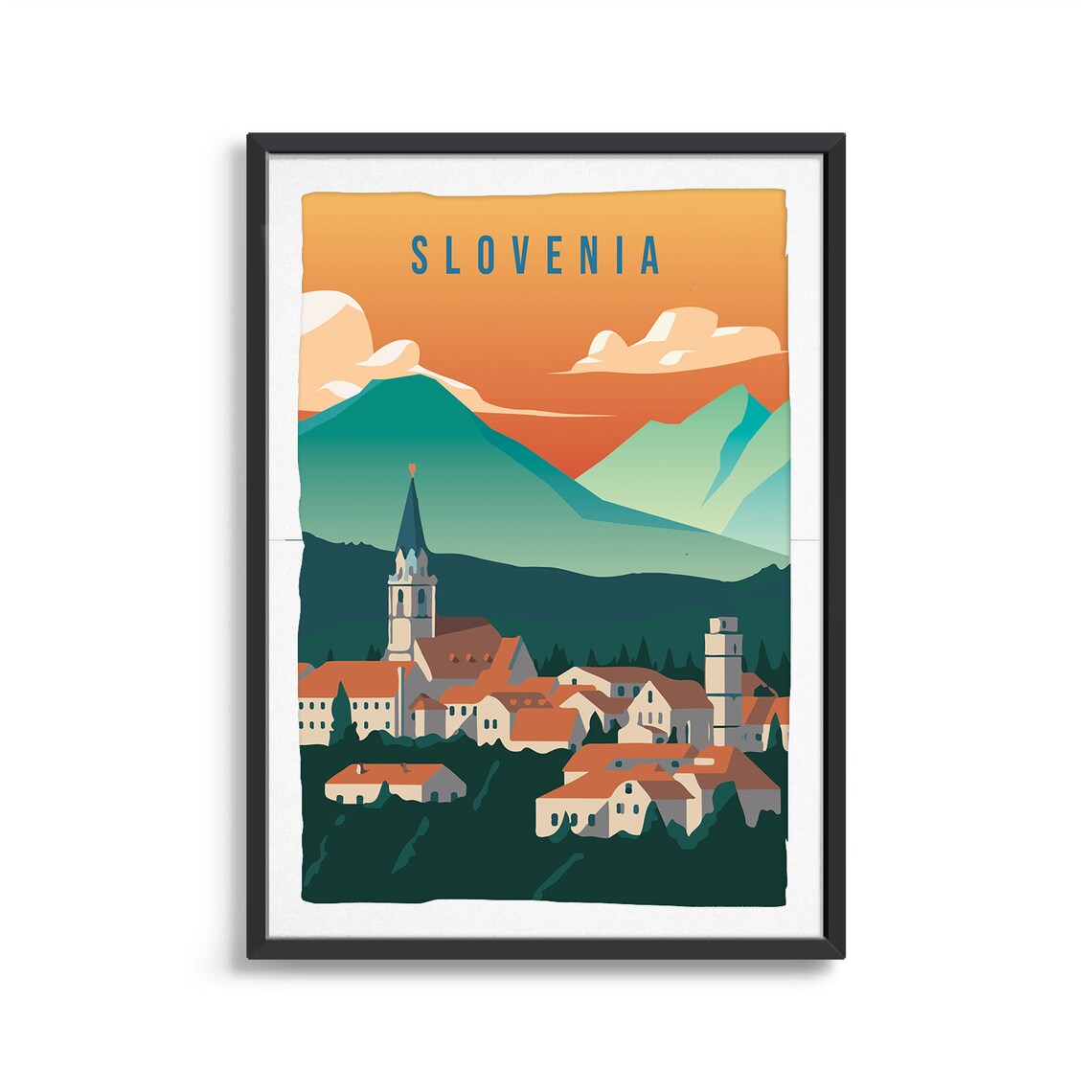 Slovenia Village Travel Poster Alpine Mountains Church Town Art