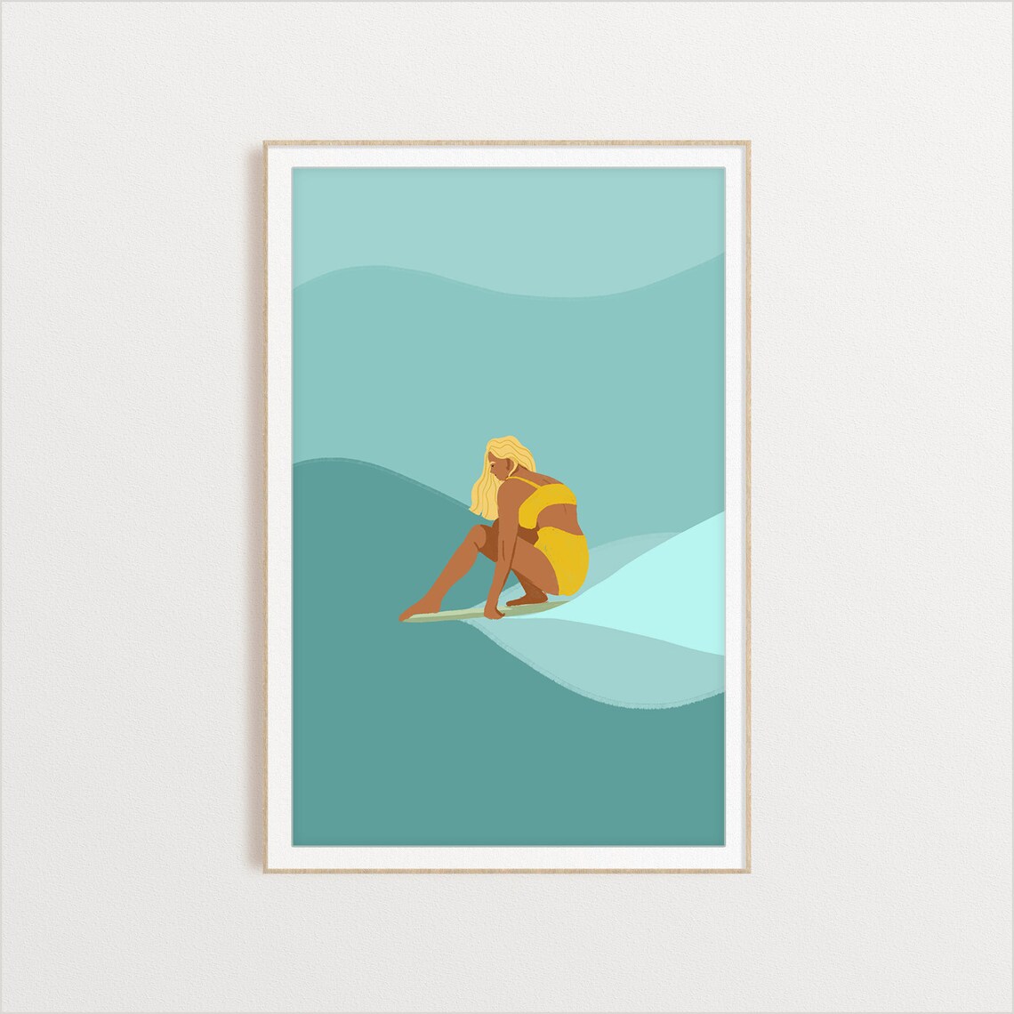 Yellow Surfer Girl Illustration Ocean Art Print