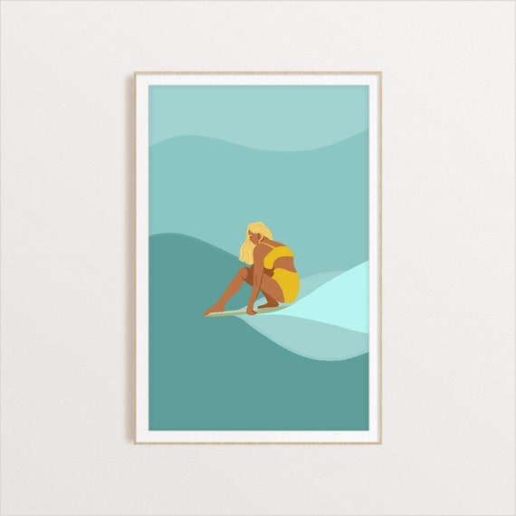 Yellow Surfer Girl Illustration Ocean Art Print