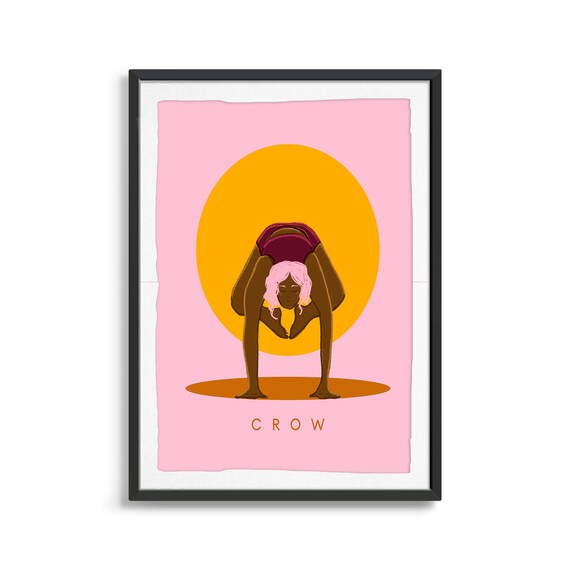 Crow Retro Yoga Arm Balance Sun Circle Flat Illustration Print