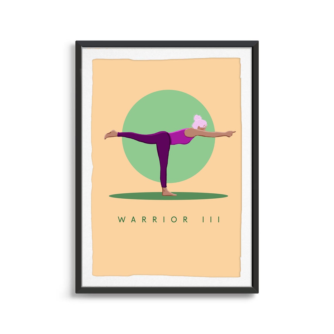 Warrior III Yoga Pose Minimalist Illustration With Green Circle Poster - Image 2