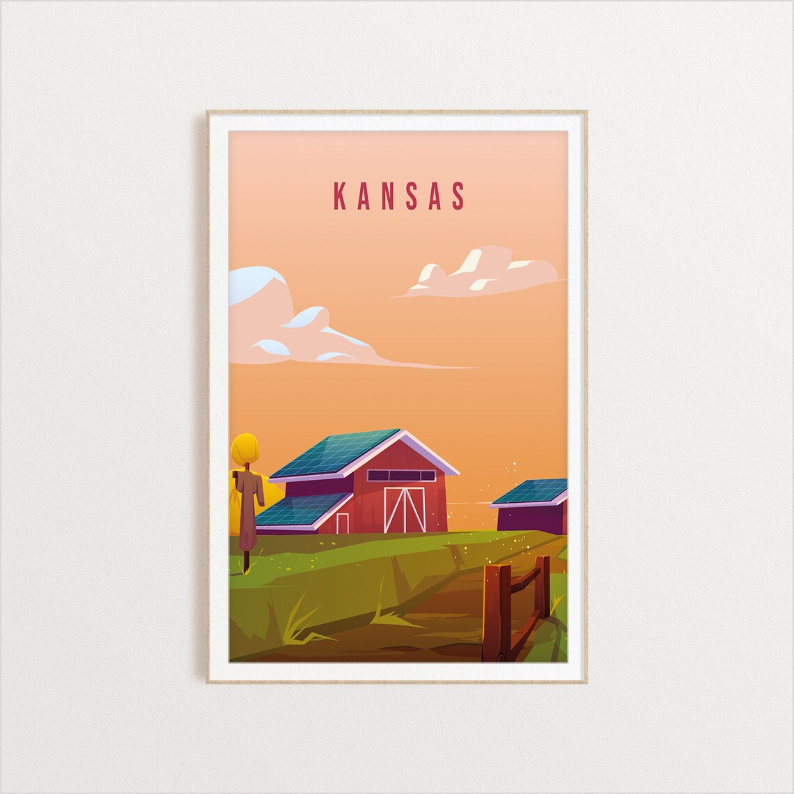 Kansas Vintage Travel Art Red Barn Farm Prairie Sunset Poster - Image 2