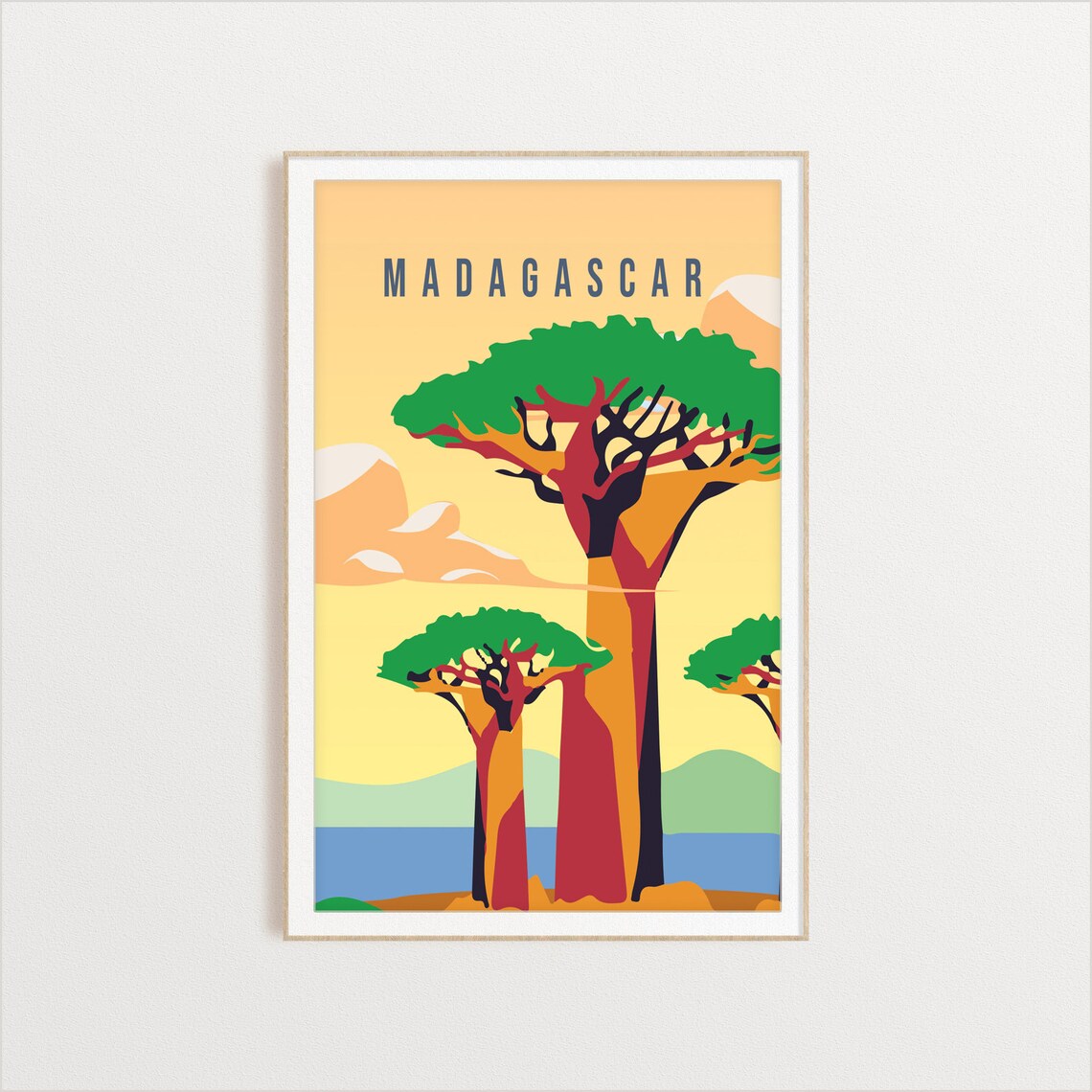 Madagascar Vintage Travel Art Baobab Trees Golden Savanna Poster