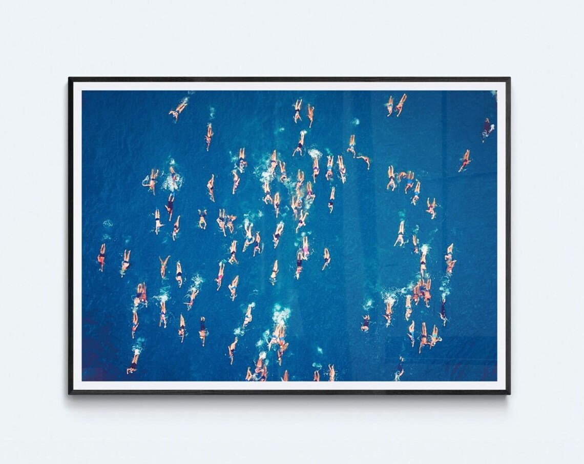 Ocean Swimmers Aerial Art Print, Blue Water Abstract