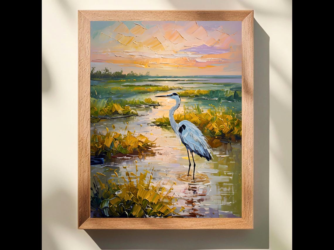 Great Heron At Sunset Golden Tidal Marsh Impasto Painting Poster