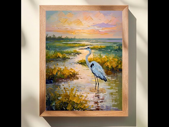 Great Heron At Sunset Golden Tidal Marsh Impasto Painting Poster