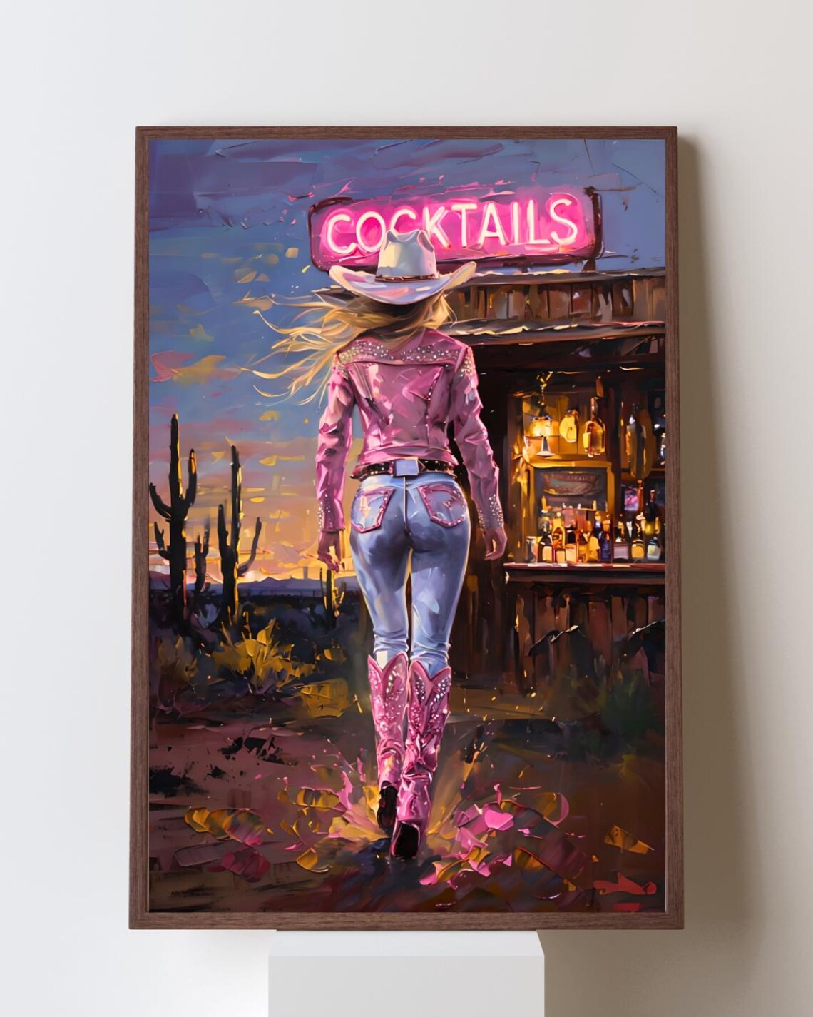 Cowgirl Walking to Neon Cocktails Bar Desert Sunset Western Art Poster