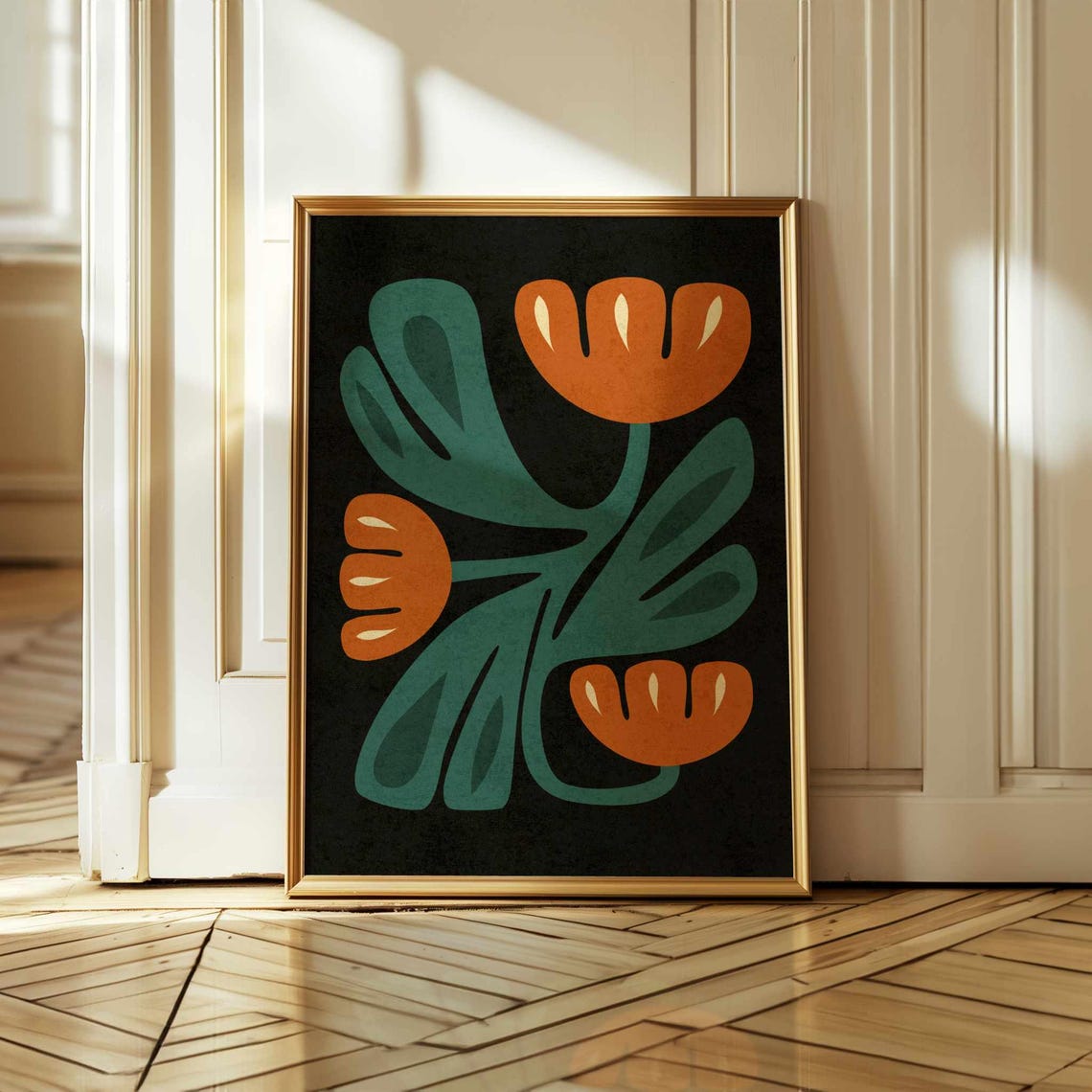Orange Tulip Flowers Poster Black Background Teal Leaves Modern Art