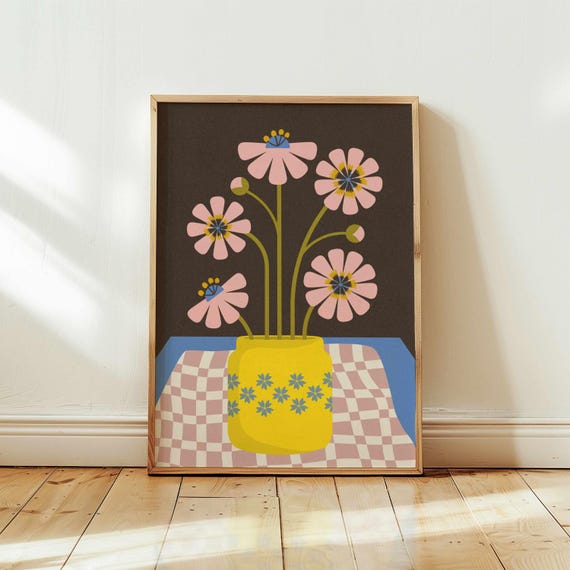 Abstract 70s Floral Wall Art Matisse Style Flower And Vase Print In Yellow Pink Blue Retro Botanical Poster For Mid Century Boho Decor