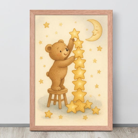 Teddy Bear Reaching Stars, Baby Nursery Decor