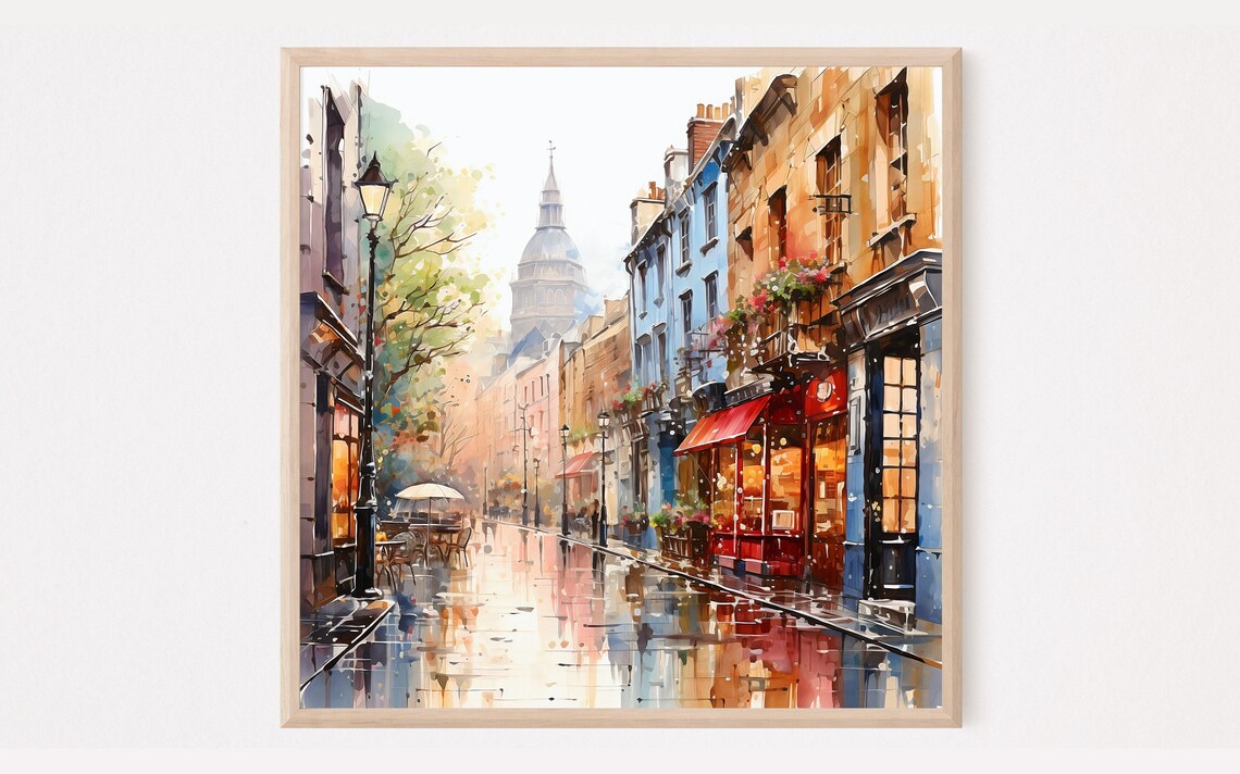 Rainy London Street Watercolor with St Pauls Cathedral Dome Print