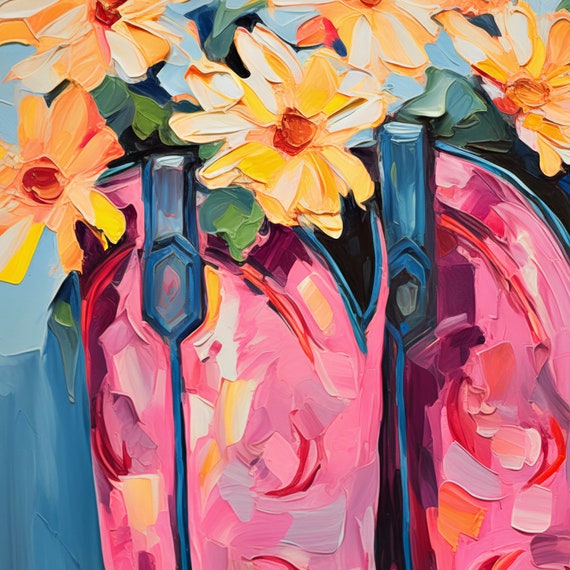 Pink Cowgirl Boots Art Retro Western Print Funky Trendy Cowboy Boots Painting Dorm Room Wall Art Girly Decor