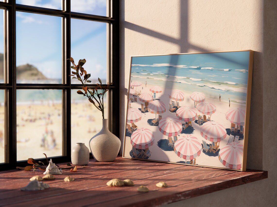 Retro Pink Umbrellas On Beach, Vintage Coastal Poster