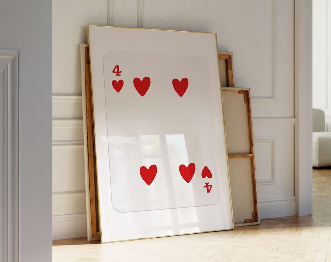 Four of Hearts Playing Card Minimalist Modern Red Hearts Wall Art