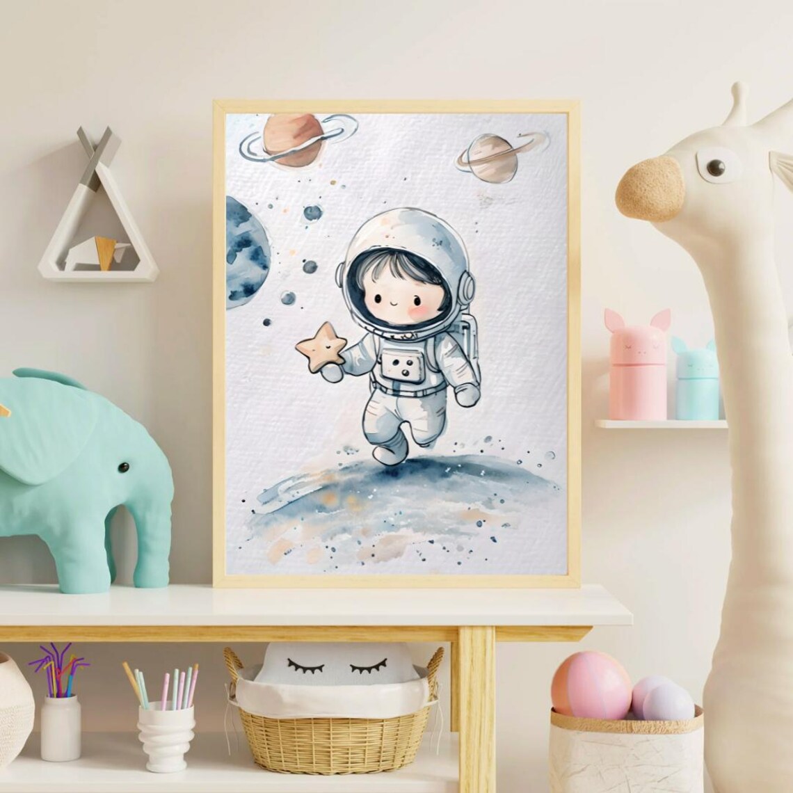 Little Astronaut On The Moon Watercolor Cute Space Kid Star Nursery Poster