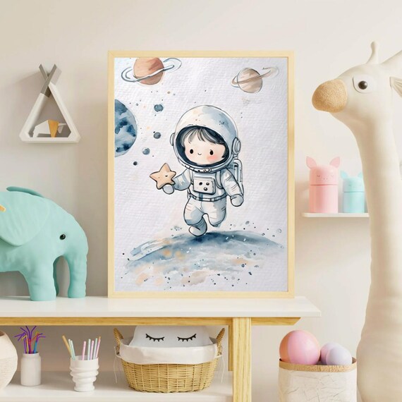Little Astronaut On The Moon Watercolor Cute Space Kid Star Nursery Poster