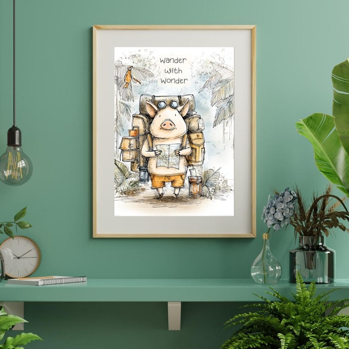 Wander With Wonder Adventurer Pig Backpack Map Cute Hand Drawn Poster