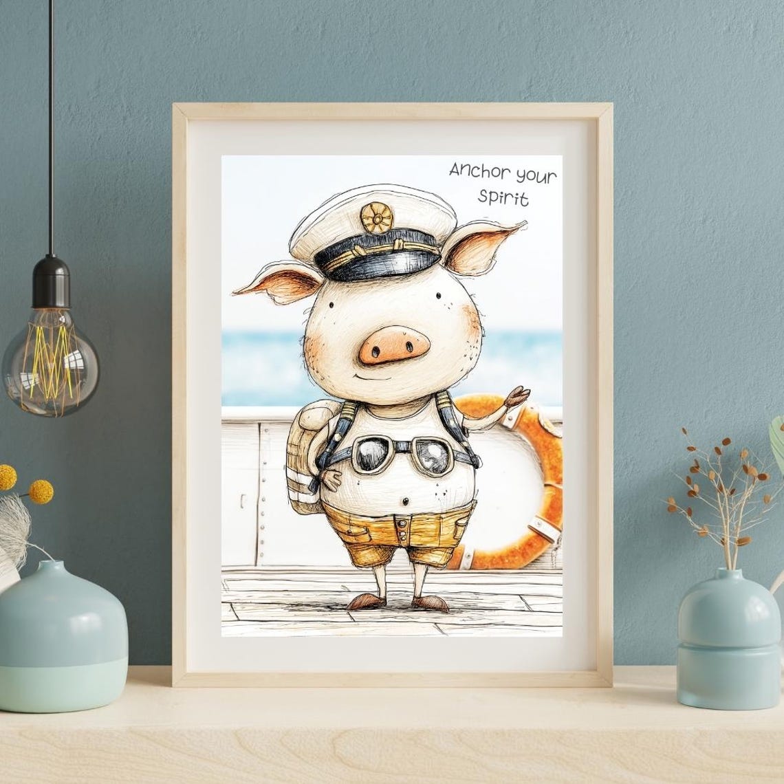 Handdrawn Sailor Pig Print Nautical Decor Whimsical Art Snout Poster Seathemed Nursery