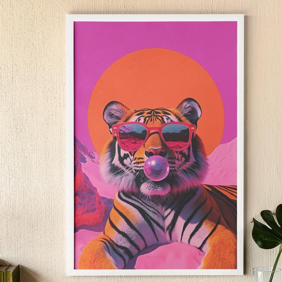 Pop Art Tiger Print Neon With Pink Bubble Gum Fun Animal Decor