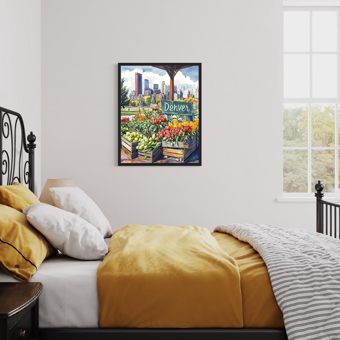 Denver Colorado Skyline Watercolor Flower Market Scene Poster - Image 3