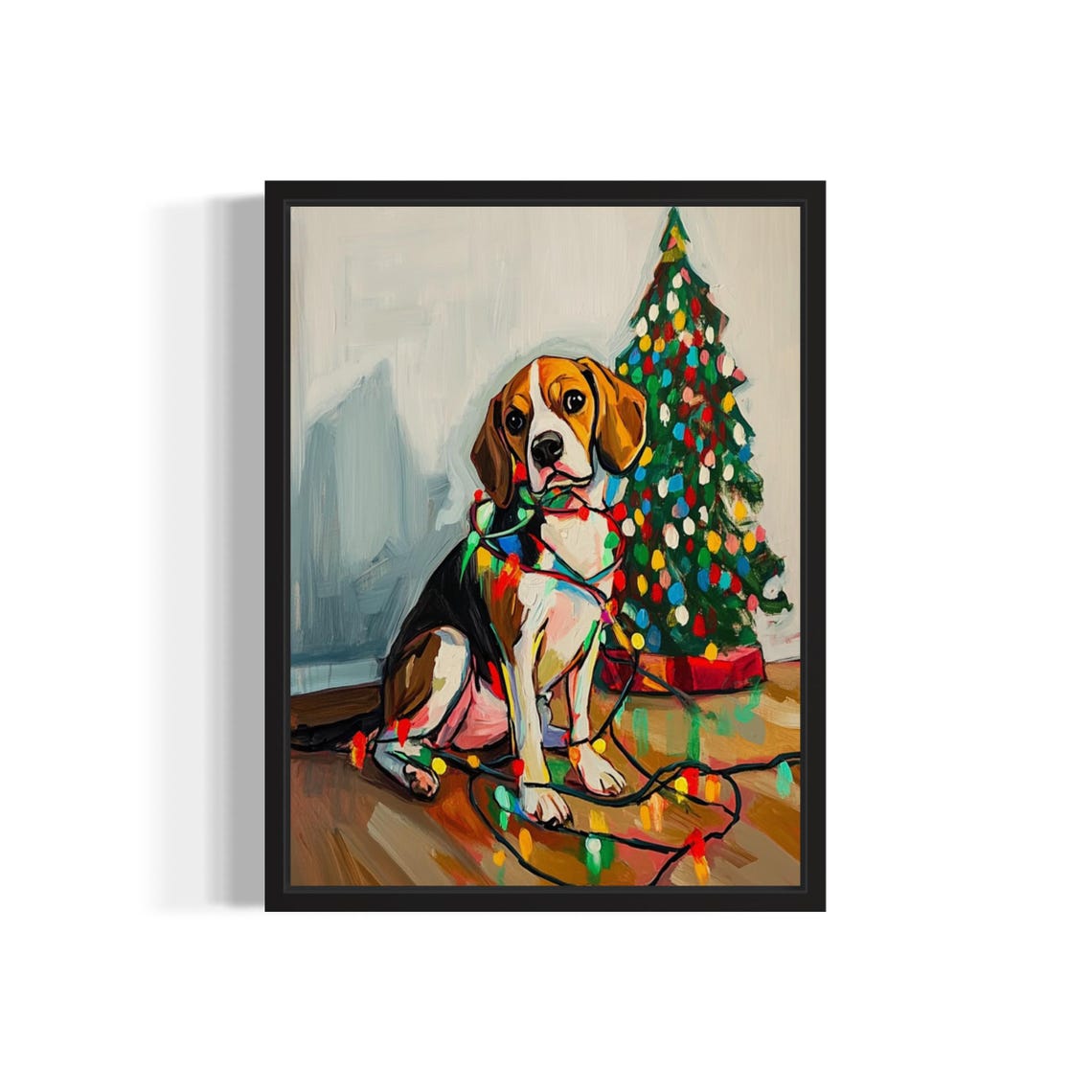 Beagle Puppy Tangled in Bright Christmas Lights Holiday Tree Poster
